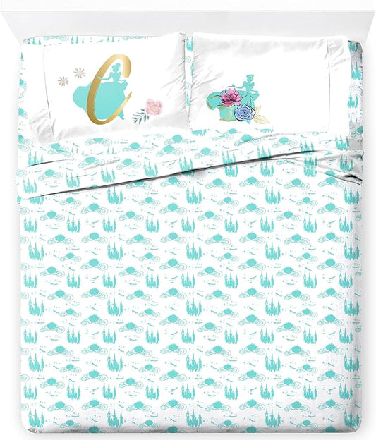 Jay Franco Kids Sheet Set with Fitted, Flat Sheets & Pillow Cover - Ultra-Soft Bedding with Pillowcase for Room Decor, Blue - Princess Cinderella, 4 Piece Queen