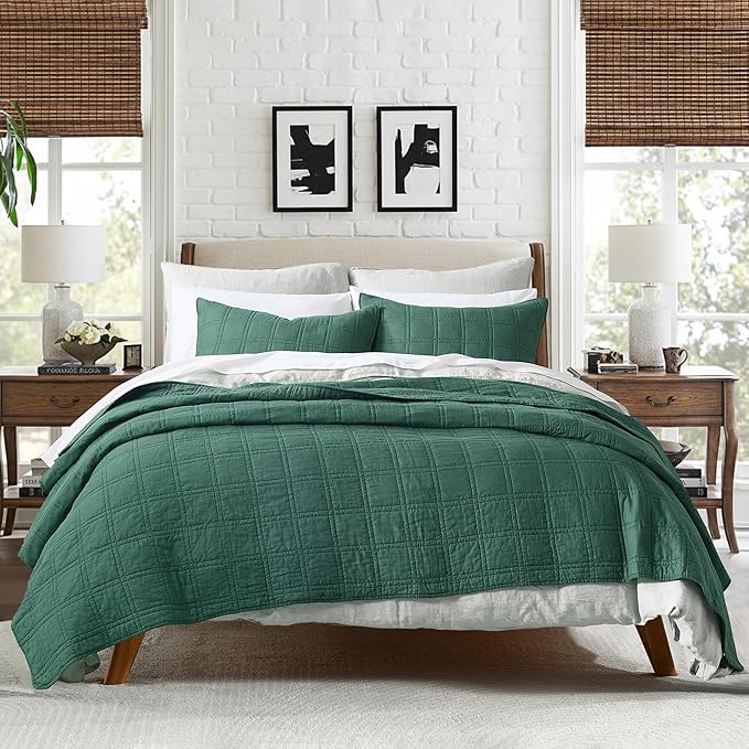 HORIMOTE HOME 100% Cotton Quilt Set Queen Size, Dark Green Pre-Washed Bedspreads Coverlet Set in Geometric Pattern, Cozy Lightweight Stitching Decorative Bedding Cover with 2 Shams for All Season