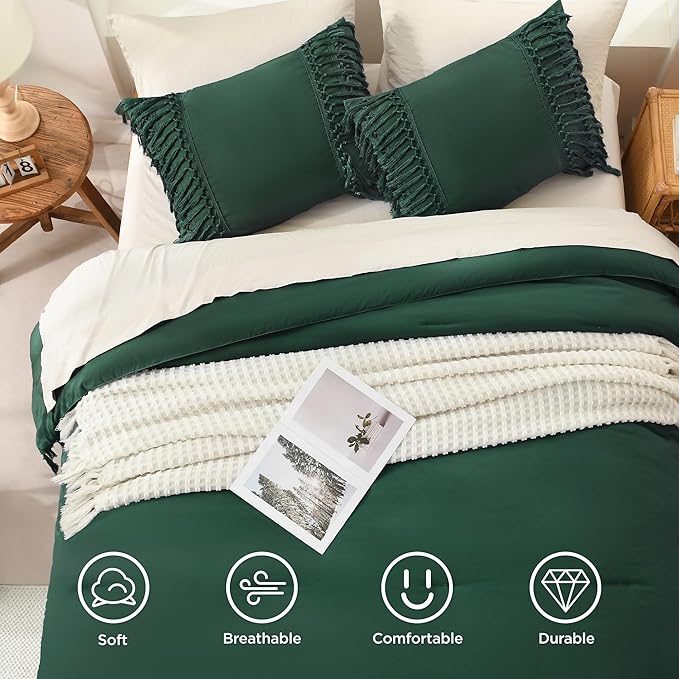 Andency Emerald Comforter Set California King, 3 Pieces Boho Tassel Lightweight Soft Bedding Comforter Sets for King Bed, All Season Fluffy Fringe Bed Set (104x96In Comforter & 2 Pillowcases)