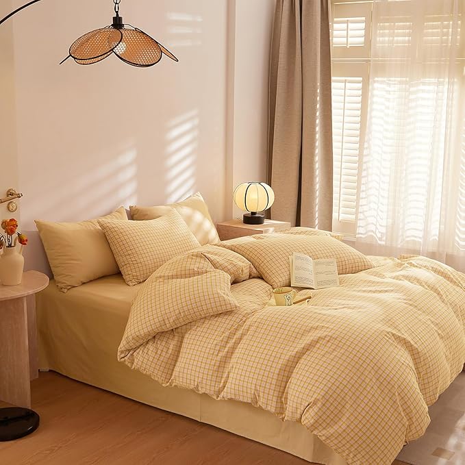 EAVD Yellow Gingham Duvet Cover Full Size Washed Cotton Bedding Set 3 Pieces Grid Plaid Duvet Cover Set Modern Grid Checkered Bedding Set with 2 Pillowcases Farmhouse Gingham Comforter Cover