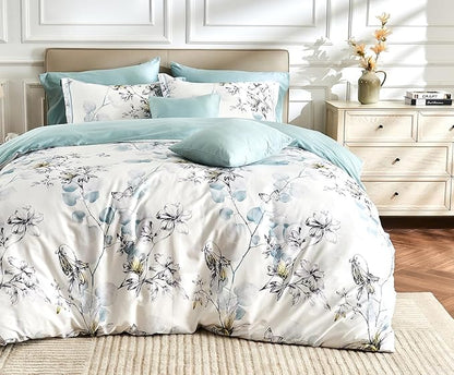 King Size Duvet Cover Set with Button Closure - Light Blue and Yellow Botanical Luxury Bedding for a Comfortable Sleeping