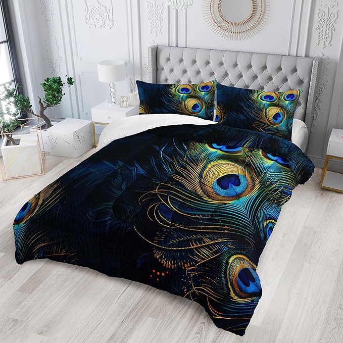 Peacock Feather Queen Bedding Set - Boho Comforter for Girls, Bohemian Gothic Decor, Western Hippie Animal Print Black