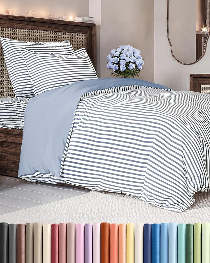 Duvet Cover Twin/Twin XL Size Set - Extra Soft Twin/Twin XL Duvet Cover 68" x 90" with 1 Pillow Sham - Hotel Luxury, Easy Care, Fade Free w/ Zipper Closures & Ties - Comfy & Breathable (Blue Stripes)