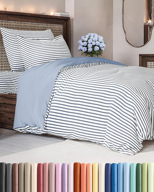 Duvet Cover Twin/Twin XL Size Set - Extra Soft Twin/Twin XL Duvet Cover 68" x 90" with 1 Pillow Sham - Hotel Luxury, Easy Care, Fade Free w/ Zipper Closures & Ties - Comfy & Breathable (Blue Stripes)