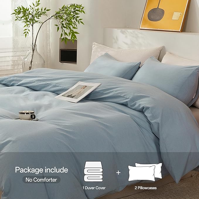 ECOCOTT 100% Washed Cotton Duvet Cover Twin Size – Soft & Breathable Linen Feel Bedding Set, 3 Pieces Light Blue Comforter Cover with Zipper Closure for All Seasons