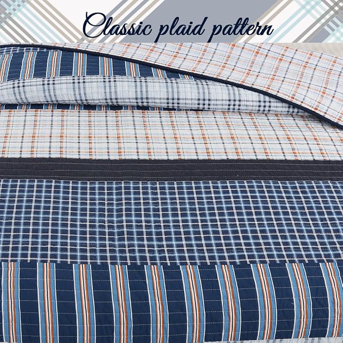Cozy Line Home Fashions Bennett Quilt Bedding Set, Navy Orange Grid Striped 100% Cotton Reversible Coverlet Bedspread (Navy Orange, Queen - 3 Piece)