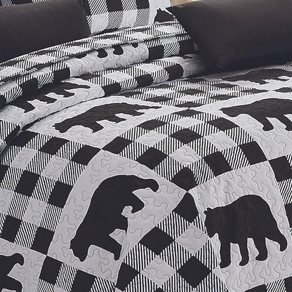 Virah Bella 3 Piece Queen Lodge Quilt Bedding Set - Buffalo Bear Plaid Black - Rustic Cabin Country Reversible Camping Comforter Set with Decorative Pillow Shams, Black/White