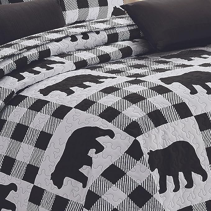 Virah Bella 3 Piece King Lodge Quilt Bedding Set - Buffalo Bear Plaid Black - Rustic Cabin Country Reversible Camping Comforter Set with Decorative Pillow Shams, Black/White