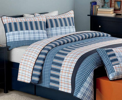 Cozy Line Home Fashions Bennett Quilt Bedding Set, Nautical Navy Orange Grid Striped 100% Cotton Reversible Coverlet Bedspread for Boy (Navy Orange, Twin - 2 Piece)