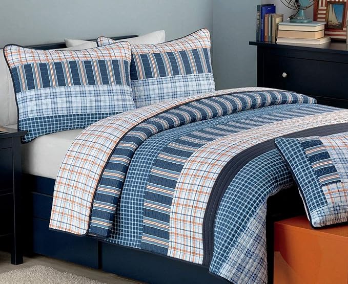 Cozy Line Home Fashions Bennett Quilt Bedding Set, Navy Orange Grid Striped 100% Cotton Reversible Coverlet Bedspread (Navy Orange, Queen - 3 Piece)