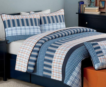 Cozy Line Home Fashions Bennett Quilt Bedding Set, Navy Orange Grid Striped 100% Cotton Reversible Coverlet Bedspread (Navy Orange, Queen - 3 Piece)