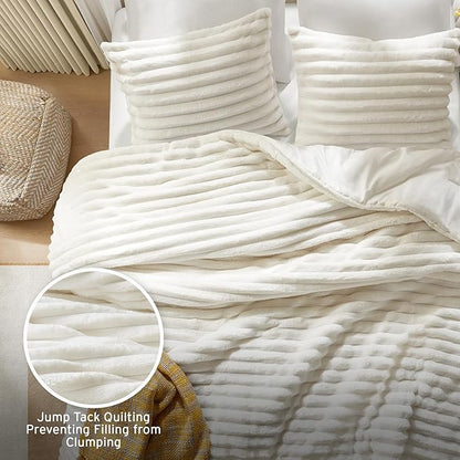 Intelligent Design King Comforter Set, Plush Bedding, Microfiber Reverse, 3 Piece, Lightweight, Super Soft Ribbed Velvet Comforter 2 Shams, All Season Fluffy Bed Set, Avril, King/Cal King Ivory
