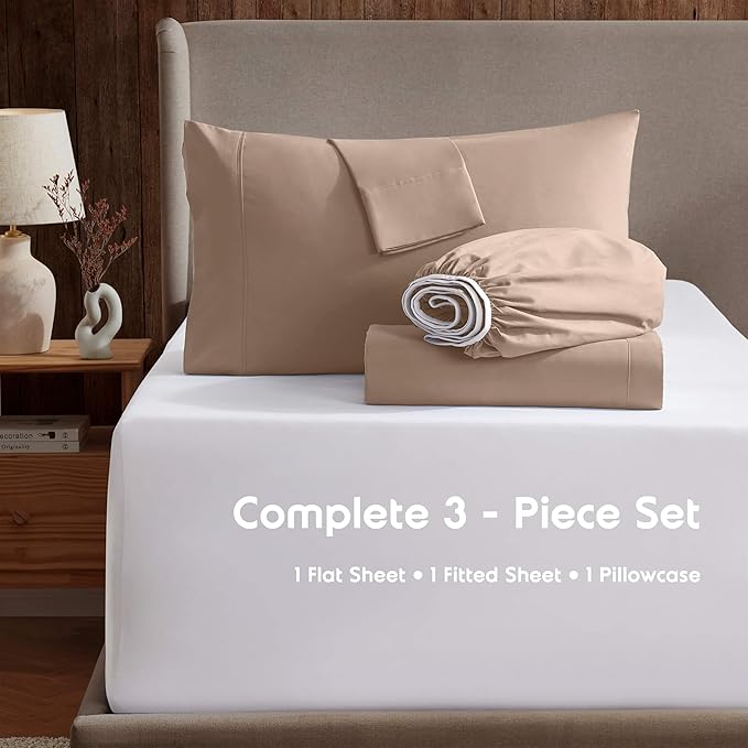 Nestl Twin XL Sheet Set - College Dorm Size - Luxury 1800 Ultra-Soft Microfiber Twin Extra Long Bed Sheets - Deep Pockets - Easy Fit - Extra Soft - 3 Piece Set (Twin XL, Taupe)