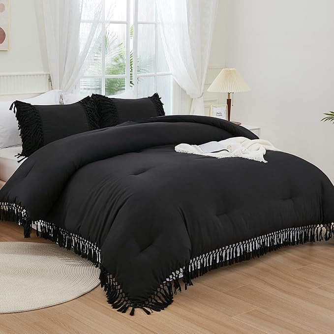Andency Black Comforter Set King, 3 Pieces Boho Tassel Lightweight Soft Bedding Comforter Sets for King Bed, All Season Fluffy Fringe Bed Set (104x90In Comforter & 2 Pillowcases)