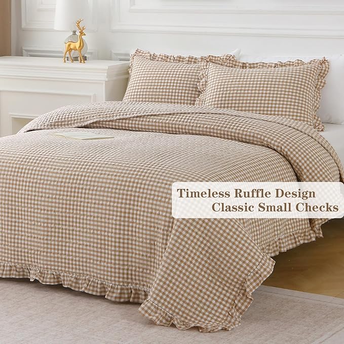 Taupe White Ruffle Gingham Quilt Set Queen Size with Pillow Shams, 100% Washed Cotton Yarn-Dyed Quilted Bedspread Bedding Set (Taupe, Queen)