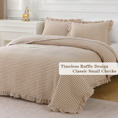 Taupe White Ruffle Gingham Quilt Set Queen Size with Pillow Shams, 100% Washed Cotton Yarn-Dyed Quilted Bedspread Bedding Set (Taupe, Queen)