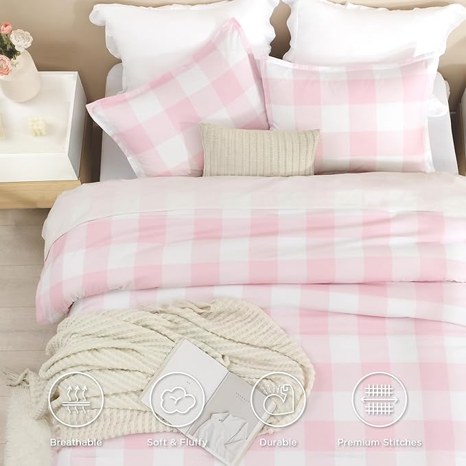 Andency Pink Checkered Comforter Queen(90x90Inch), Plaid Gingham Buffalo Plaid Grid Bedding Sets for Girls Kids Women Kids Teens, 3 Pieces Lightweight Polyester Geometric Preppy Bed Set