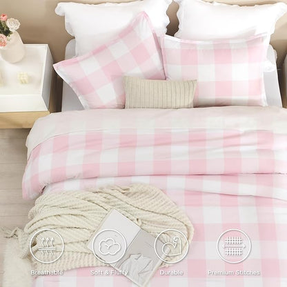Andency Pink Checkered Comforter Full(79x90Inch), Plaid Gingham Buffalo Plaid Grid Bedding Sets for Girls Kids Women Kids Teens, 3 Pieces Lightweight Polyester Geometric Preppy Bed Set