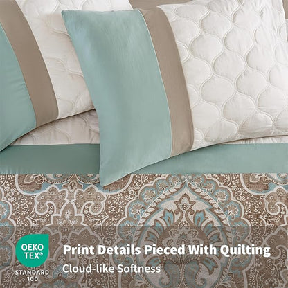 510 DESIGN Luxe Quilted Comforter Set Modern Transitional Design, All Season Down Alternative Warm Bedding Matching Shams, Bedskirt, Decorative Pillow, King, Shawnee Scrollwork Seafoam