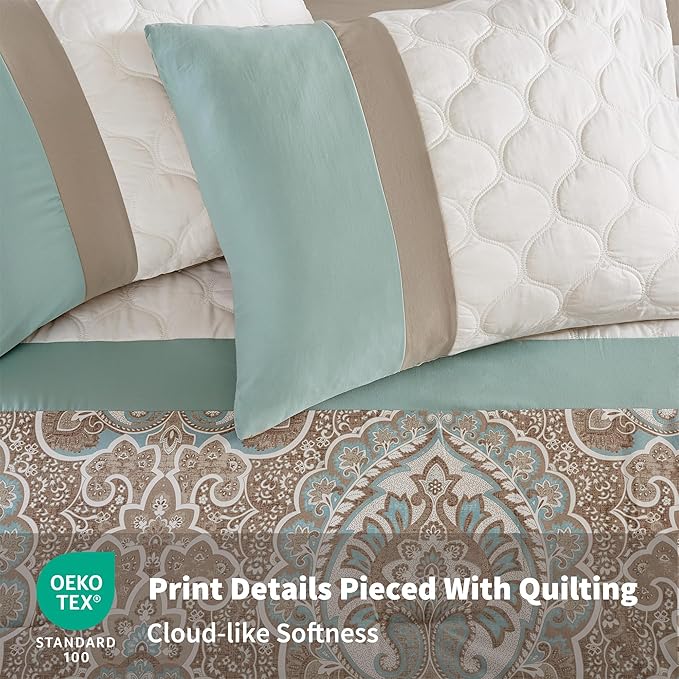 510 DESIGN Luxe Quilted Comforter Set Modern Transitional Design, All Season Down Alternative Warm Bedding Matching Shams, Bedskirt, Decorative Pillow, Cal King, Shawnee Scrollwork Seafoam