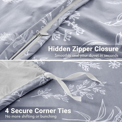MUXHOMO Duvet Cover Queen Size, Reversible Floral Grey Duvet Cover Set with Zipper Closure, 3 Pieces Botanical Patterns Soft Microfiber Bedding Set with 4 Ties (90"x90", 2 Pillow Cases)