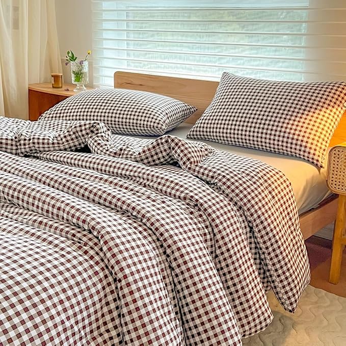NSNLGSGC Queen Comforter Set, Mocha Gingham Bedding Comforter Sets, Dark Brown Grid Bed Comforter 3 Pieces (1 Comforter, 2 Pillowcases)