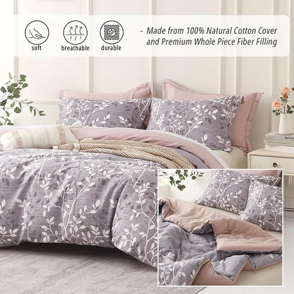 Vintage Gray Cotton Comforter King Size 3Pcs - Luxurious Design with White & Charcoal Branches Pattern, Elegant Dusty Pink Reversible Lightweight Bedding Sets with Soft Fill(104"×90")
