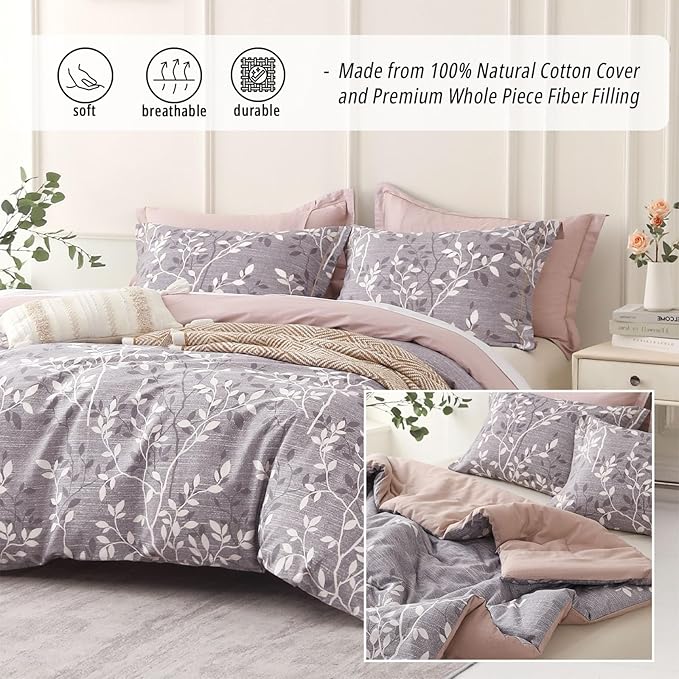 Vintage Gray Cotton Comforter Queen Size 3Pcs - Luxurious Design with White & Charcoal Branches Pattern, Elegant Dusty Pink Reversible Lightweight Bedding Sets with Soft Fill(90"×90")