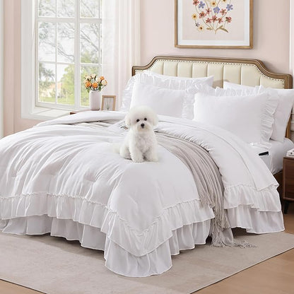 King Size Comforter Set White, Ruffle Shabby Chic Bedding Set Farmhouse 7 Pieces, All Season Fluffy Bed in a Bag with Sheets, Pillowcases & Shams