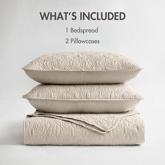Madison Park Quebec Full Size Quilt Bedding Set - Ivory , Damask – 3 Piece Bedding Quilt Coverlets – Ultra Soft Microfiber Bed Quilts Quilted Coverlet