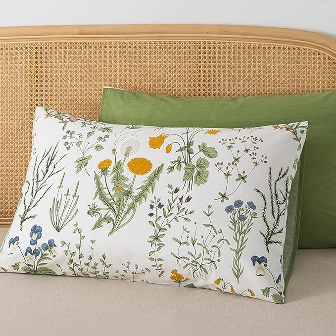 Zusbest 100% Cotton Floral Pillow Cases Standard Size Set of 2, 19''×29'', Reversible Botanical Green Pillowcases, Flower Printed Vintage Pillow Covers Soft Envelope Queen Pillowcase Protectors