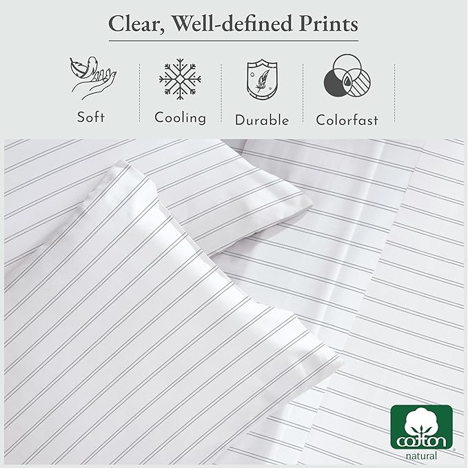 California Design Den Stripe Twin Sheets Set, 100% Cotton 12" Pocket Twin Size Sheets & Pillowcase Set. Soft Sateen Weave - Classic Stripe