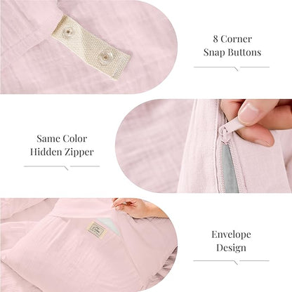 RRENEWROOTS Pink Twin Duvet Cover, 100% Sandwashed Cotton Soft Twin Size Duvet Cover Set 3 Pieces with Zipper Clousre & Corner Buttons (Pink, Twin 69 x 90)