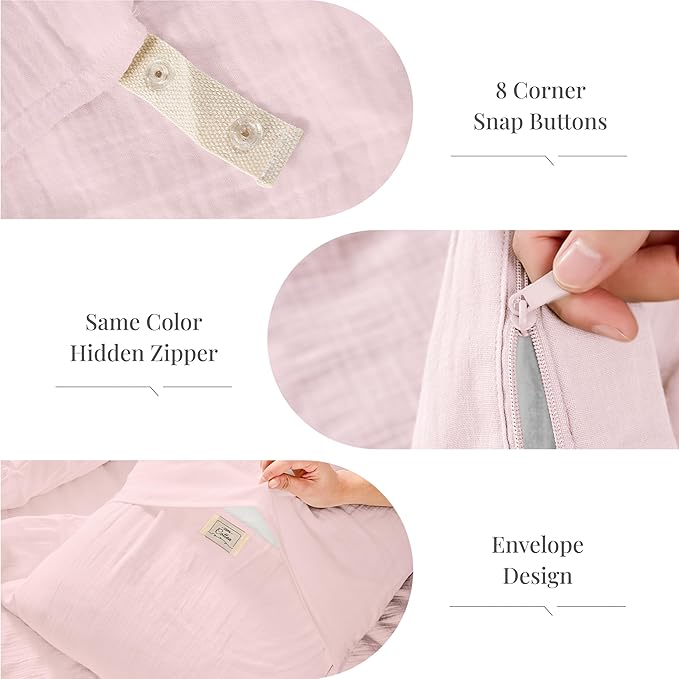 Pink Duvet Cover Queen Size, 100% Sandwashed Cotton Soft Queen Duvet Cover Set 3 Pieces with Zipper Clousre & Corner Buttons (Pink, Queen 90 x 90)
