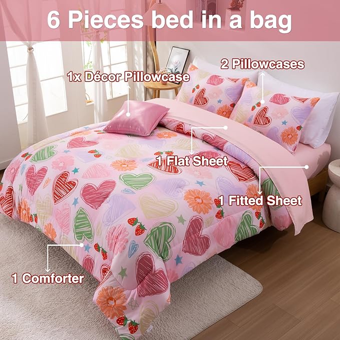 A Nice Night 6 Piece Comforter Set Bed in a Bag with Comforter & Sheet Set,Watercolor Pink Bow Hearts Flower Strawberries Printed Bedding Sets Kids Girls,Twin