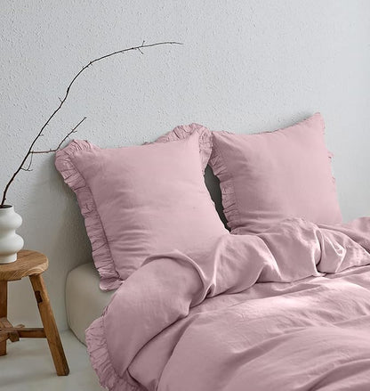 Simple&Opulence 100% Linen Euro Sham Covers with Ruffle, 26x26 Inch Pillow Covers Set of 2, Euro Pillow Shams for Bed Couch French Home Decor Luxury and Breathable Square Pillow Cases, Blush Pink
