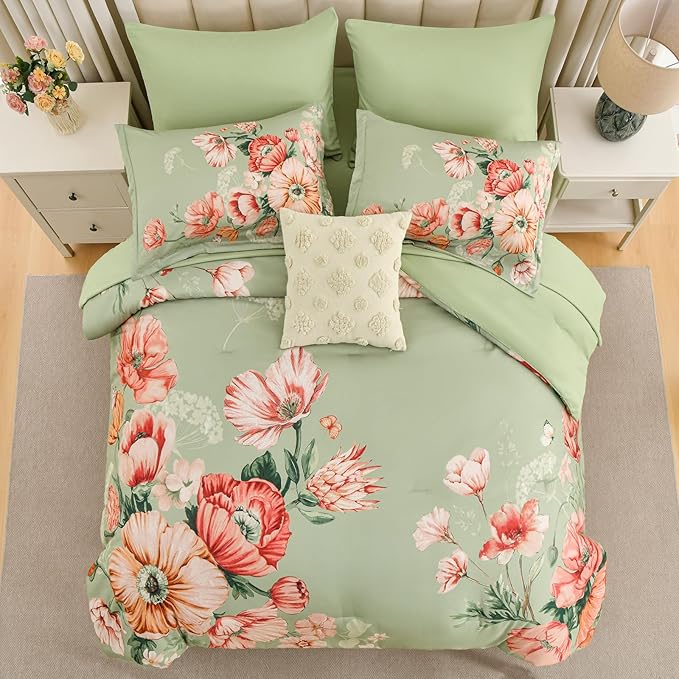 King Size Comforter Set - 7 Pieces Floral Comforter and Sheet Set, Green King Size Bed in a Bag, Soft Microfiber Flower Complete Bedding Set for All Seasons（Green,104"x90"）