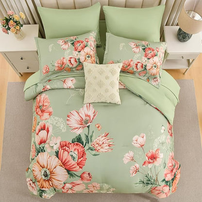 King Size Comforter Set - 7 Pieces Floral Comforter and Sheet Set, Green King Size Bed in a Bag, Soft Microfiber Flower Complete Bedding Set for All Seasons（Green,104"x90"）