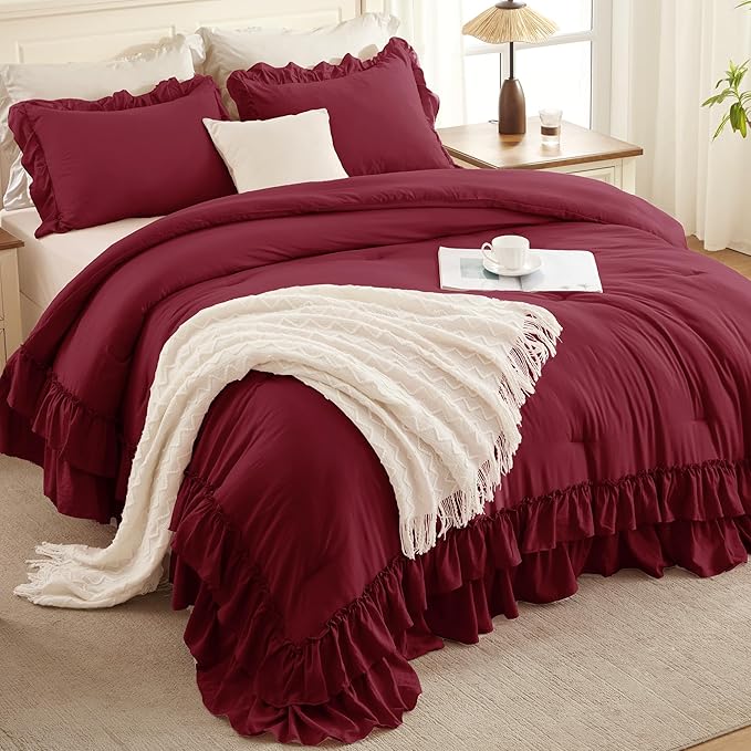 Andency Burgundy Ruffle Comforter Set King, Shabby Chic Farmhouse Bedding Comforter, Soft Lightweight Fluffy Polyester Bet Set All Season 3 Pieces Solid Comforter Set