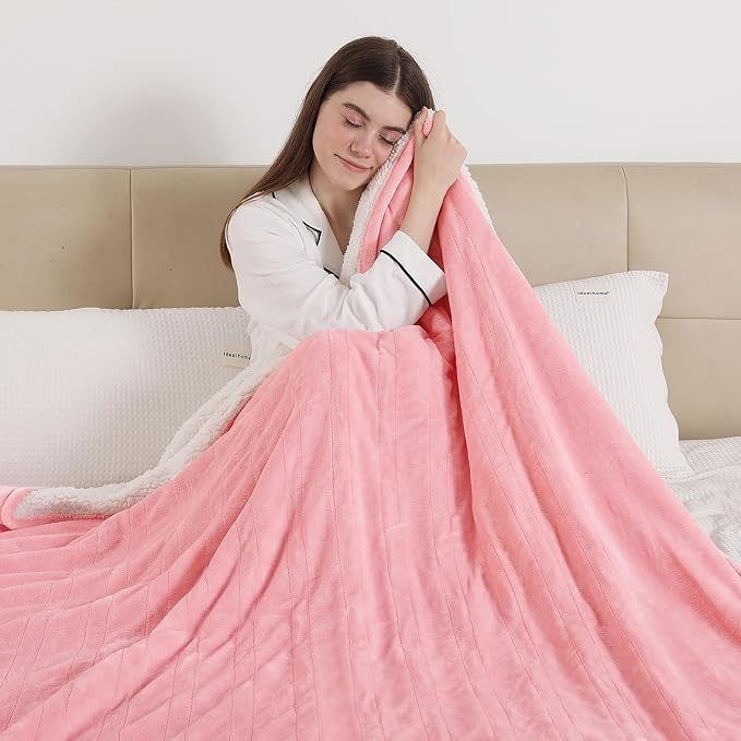 ESTINGO Heated Blanket Throw, Electric Throw Blanket with 5 Heating Levels & 4 Hours Auto Off, Soft Cozy Flannel Sherpa Electric Heated Blanket with ETL Certified for Office, 50"x60", Pale Pink
