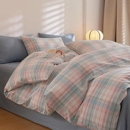 EAVD Cotton Grid Plaid Duvet Cover King Size Colorful Gingham Duvet Cover Set 3 Pieces Modern Grid Checkered Bedding Set with 2 Pillowcases Reversible Gingham Bedding Set for Girls Boys Women Men