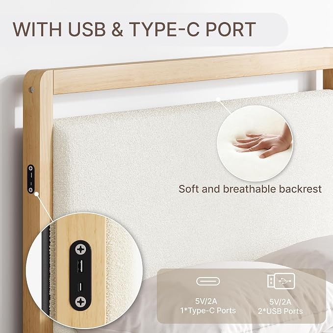KISLOT Wood Bed Frame, with USB Headboard & Footboard, Cream, Queen | Mattress Foundation, Strong Wooden Slat Support, Noise-Free, No Box Spring Needed, Easy Assembly