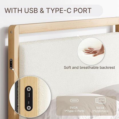 KISLOT Wood Bed Frame, with USB Headboard & Footboard, Cream, Queen | Mattress Foundation, Strong Wooden Slat Support, Noise-Free, No Box Spring Needed, Easy Assembly