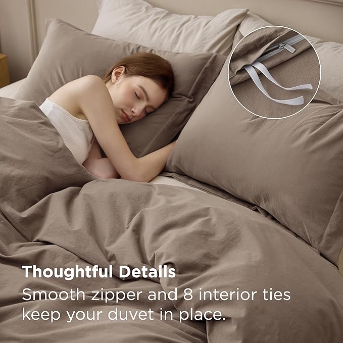 Bedsure 100% Washed Cotton Duvet Cover King Size - Light Brown Minimalist Bedding Set Linen Like - PureWoven Plain Simple & Soft Comforter Cover for All Seasons, 3 Pieces (Light Brown, King, 104"x90")