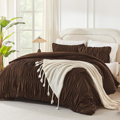 Andency Ruched Brown Full Size Comforter Sets, Shabby Chic Pleatd Bedding Sets 3 Pieces, Lightweight Soft Boho Ruffle Bed Set for Girls, Kids, Women, All Season