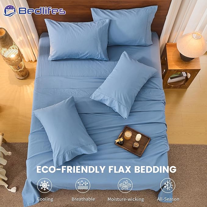 Bedlifes 100% French Pure Linen Sheets California King Size Breathable and Cooling Flax Sheet Set Soft Durable and Moisture Wicking 16 Inch Deep Pocket-4 Piece(Cal King,Flint Blue)