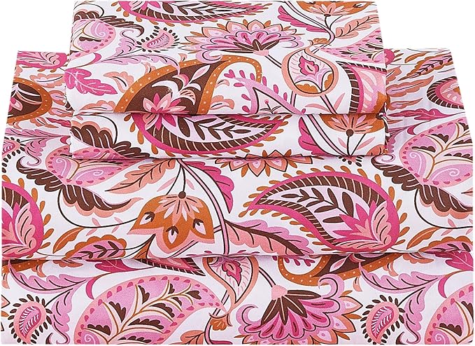 Softan Pink Paisley Floral Queen Sheet Set, Cozy Boho Microfiber Printed Fitted Bed Sheet with 15" Deep Pockets & Corner Non-Slip Straps, Patterned Sheets & Pillowcase Set