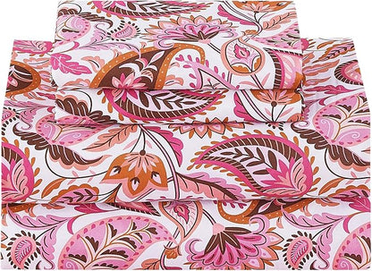 Softan Pink Paisley Floral Full Sheet Set, Cozy Boho Microfiber Printed Fitted Bed Sheet with 15" Deep Pockets & Non-Slip Straps, Girls Patterned Double Sheets & Pillowcase Set