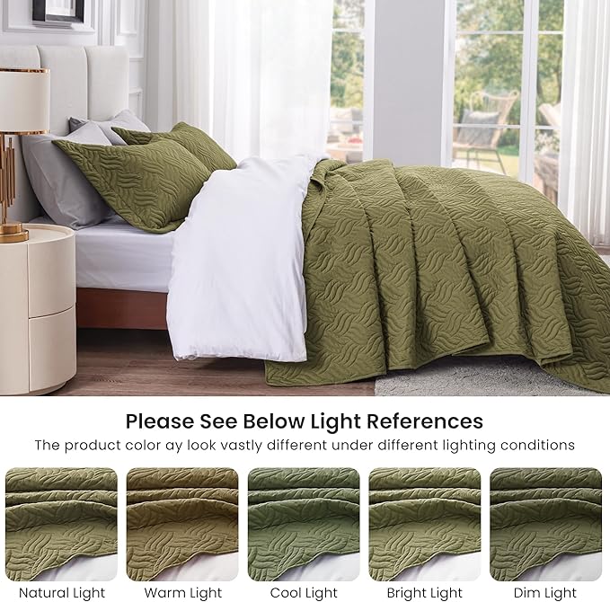 Love's cabin California King Size Quilt Bedding Set Olive Green Bedspread - Cal King Summer Lightweight Bedspread Comforter - Wave Pattern Coverlet for All Season - 3 Pieces (1 Quilt, 2 Pillow Shams)