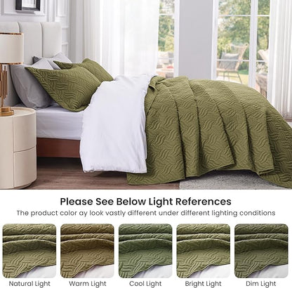 Love's cabin Quilts for Queen Bed Olive Green Bedspreads Bedding Set - Summer Lightweight Bedspread Comforter - Wave Pattern Bedding Coverlet for All Season - 3 Pieces (1 Quilt, 2 Pillow Shams)